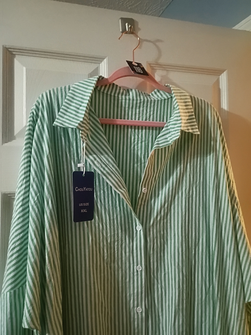 Women’s Long Sleeve Green Striped Button-Front Dress - Picture 2 of 3